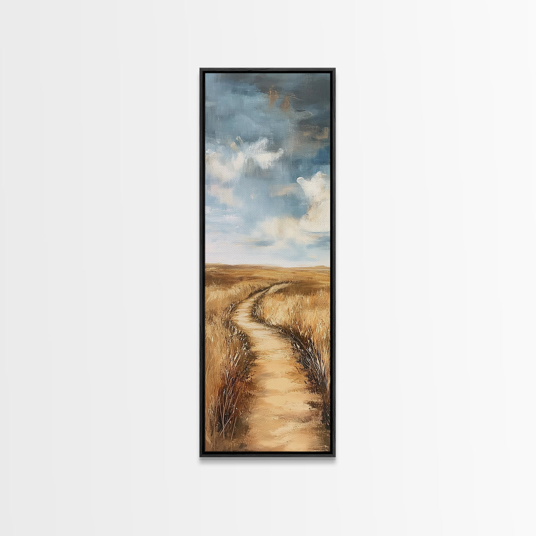 Serene Rural Path Framed Canvas Print landscape painting, farmhouse art, above couch art, rustic wall art, wabi sabi art, extra wide art, panoramic art, warm neutral wall art, barn landscape oil painting