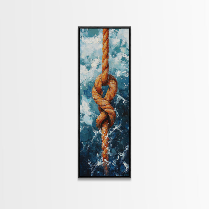 Nautical Rope Knot Painting Framed Canvas Print, Coastal Wall Art, Nautical Decor, Maritime Wall Art, Surf Wall Art, Ocean Art, Extra Wide Art, Rustic Wall Art, Moody Art, Above Couch Art, Gift Idea, Original Painting, Panoramic Art