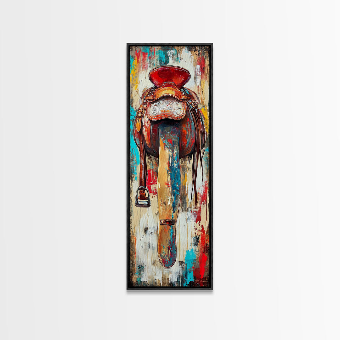 Rustic Saddle Painting Canvas Print Farmhouse Wall Art Moody Art Rustic Decor Southwest Wall Art Tall Narrow Art