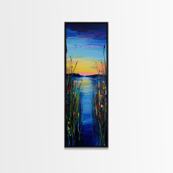 Vibrant Lake Reflection Framed Canvas Print lake Tahoe art landscape painting sunset over water coastal decor extra wide wall art