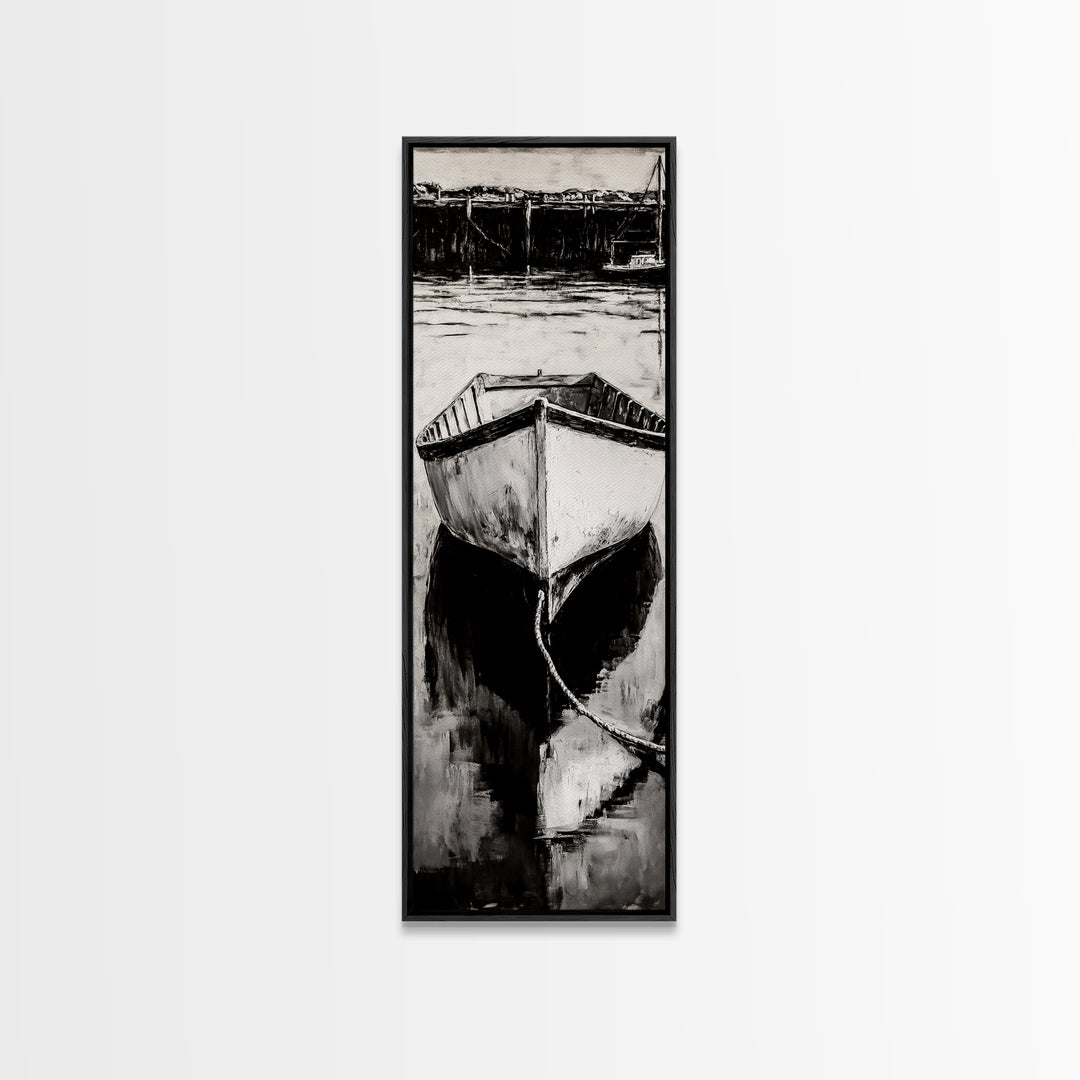 Monochrome Boat Reflection Framed Canvas Print nautical painting moody art coastal wall art nautical wall art gift idea for him