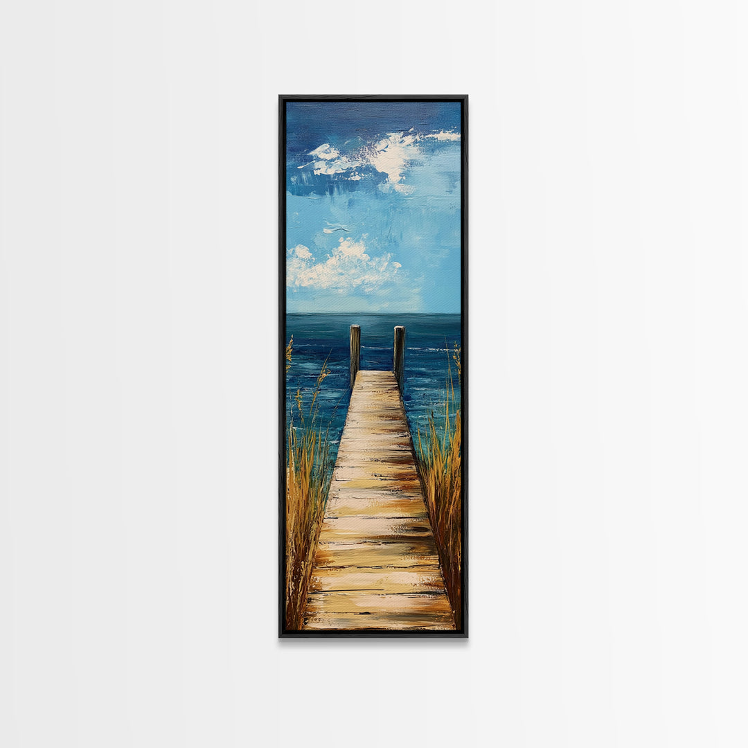 Coastal Dock Painting Framed Canvas Print, Nautical Decor, Coastal Landscape Art, Seascape Painting, Blue and Green Wall Art, Bedroom Art