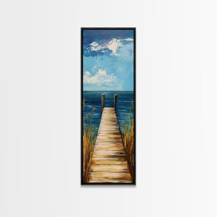 Coastal Dock Painting Framed Canvas Print, Nautical Decor, Coastal Landscape Art, Seascape Painting, Blue and Green Wall Art, Bedroom Art