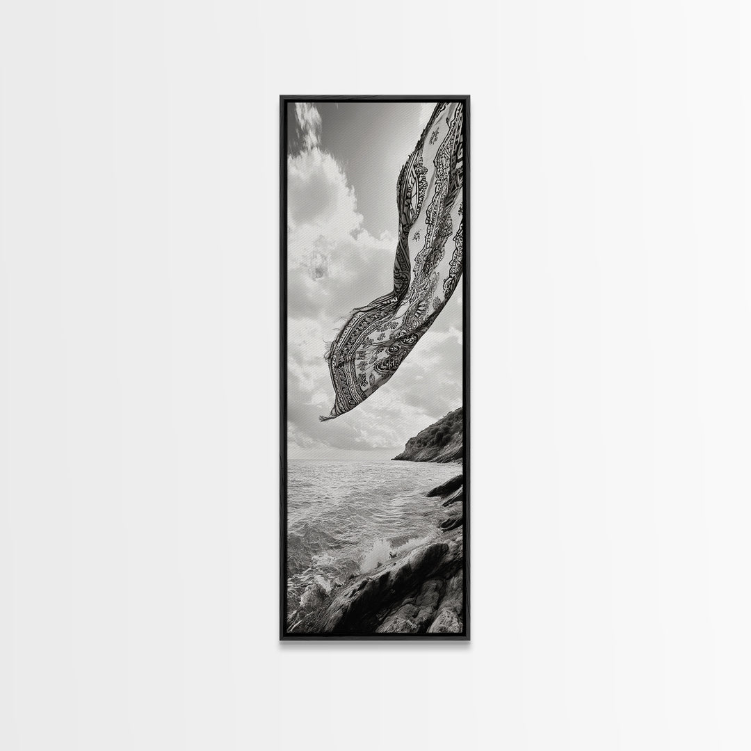 Flowing Fabric Over Ocean, Framed Canvas Print, wabi sabi art, coastal decor, boho art, minimalist art, above couch art, panoramic painting