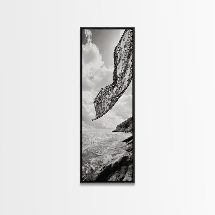 Flowing Fabric Over Ocean, Framed Canvas Print, wabi sabi art, coastal decor, boho art, minimalist art, above couch art, panoramic painting