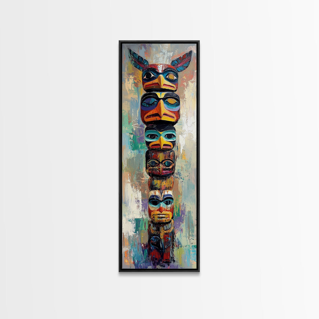 Totem Pole Framed Canvas Print tribal art rustic decor abstract painting blue and green wall art moody art tall narrow art unique wall art