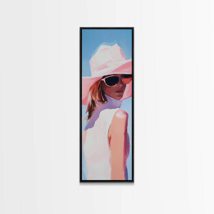 Chic Woman in Pink Hat Light Pink Wall Art Framed Canvas Print Fashion Illustration Modern Home Decor Bedroom Art