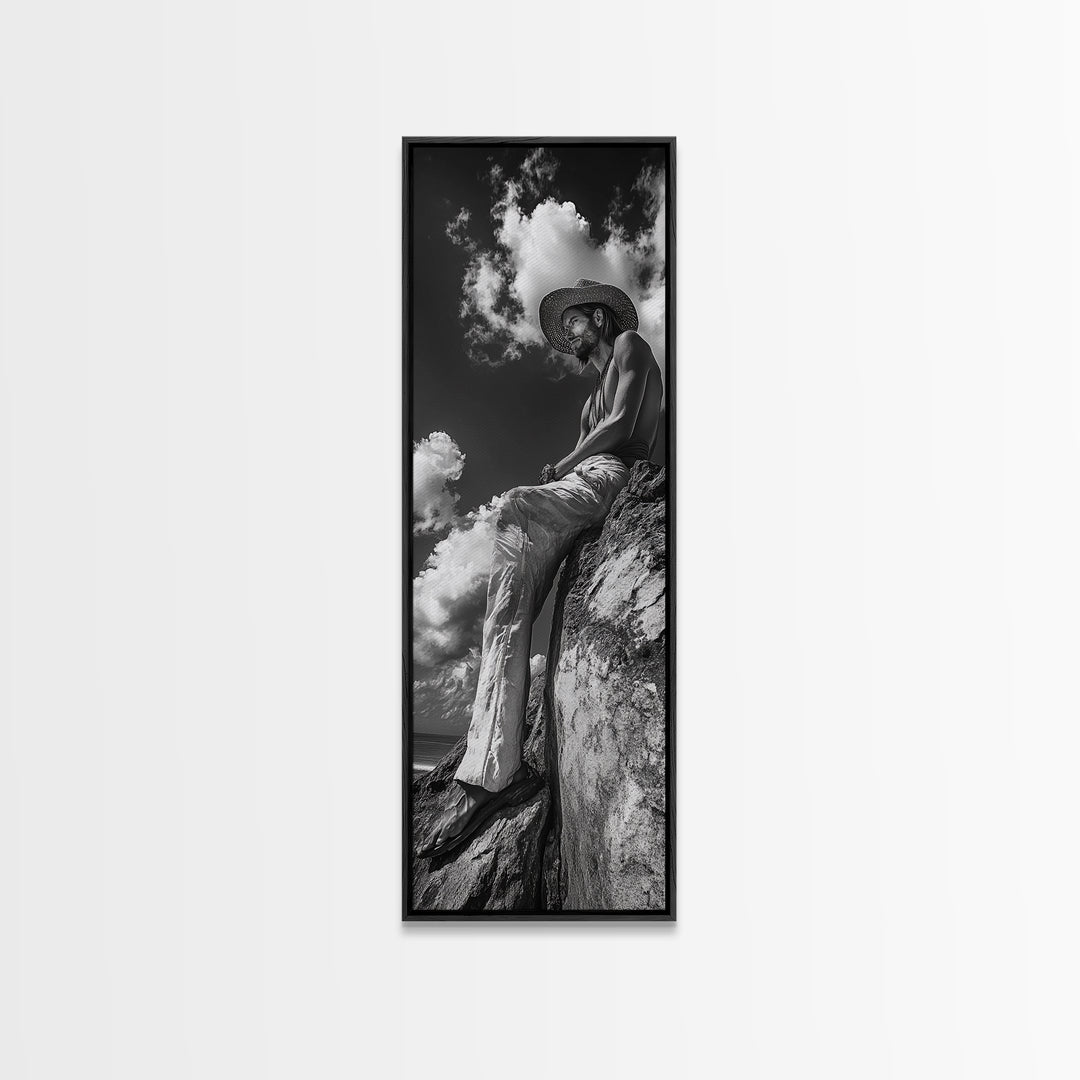 Bohemian Man, Clifftop Reflection, Framed Canvas Print, Coastal Cowgirl Wall Art, Rustic Décor, Boho Art, Minimalist Art