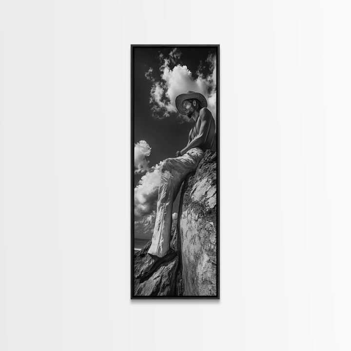 Bohemian Man, Clifftop Reflection, Framed Canvas Print, Coastal Cowgirl Wall Art, Rustic Décor, Boho Art, Minimalist Art