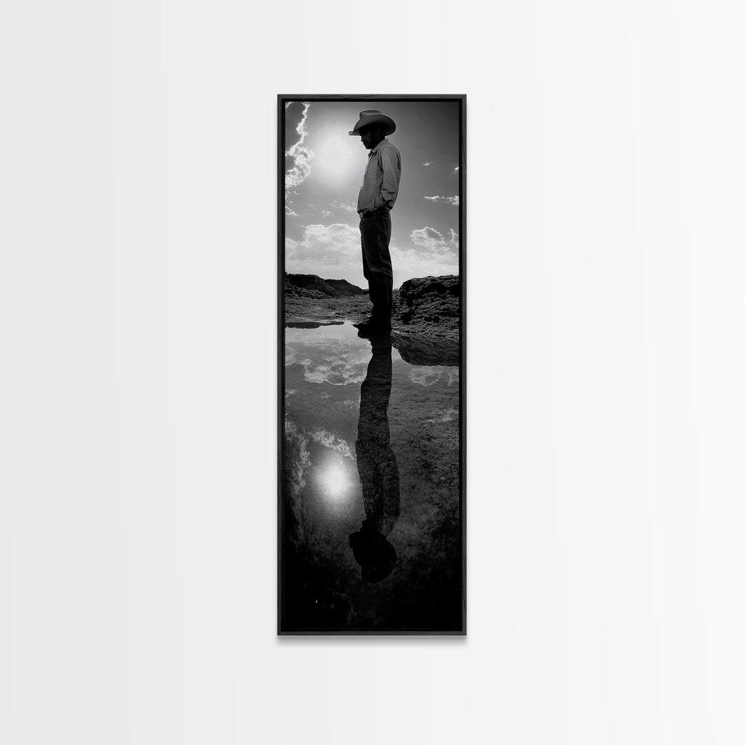 Lone Cowboy, Reflection Photography, Framed Canvas Print, Rustic Art, Moody Wall Art, Extra Wide Art, Southwest Wall Art