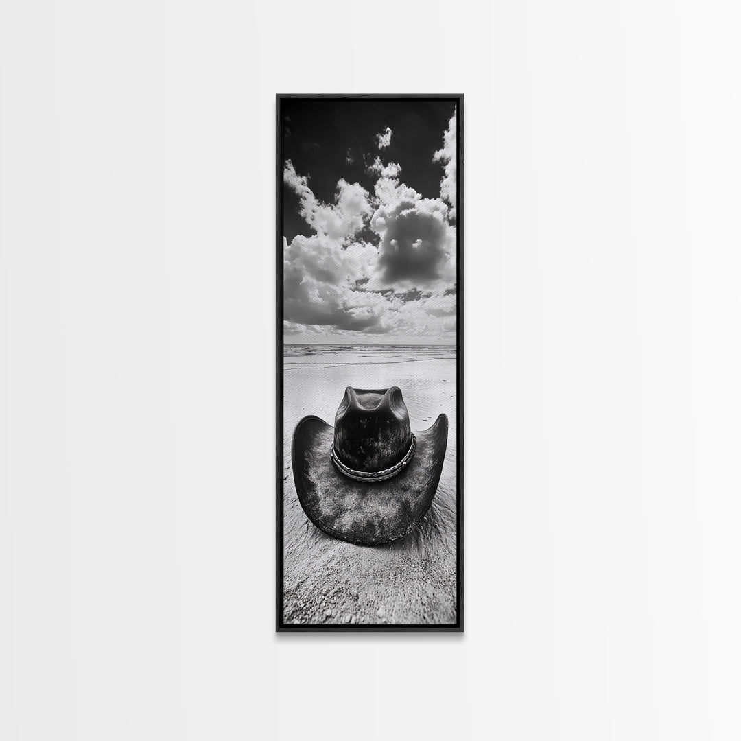 Weathered Cowboy Hat, Coastal Cowgirl Wall Art, Framed Canvas Print, Rustic Décor, Boho Art, Minimalist Art, Nautical Wall Art