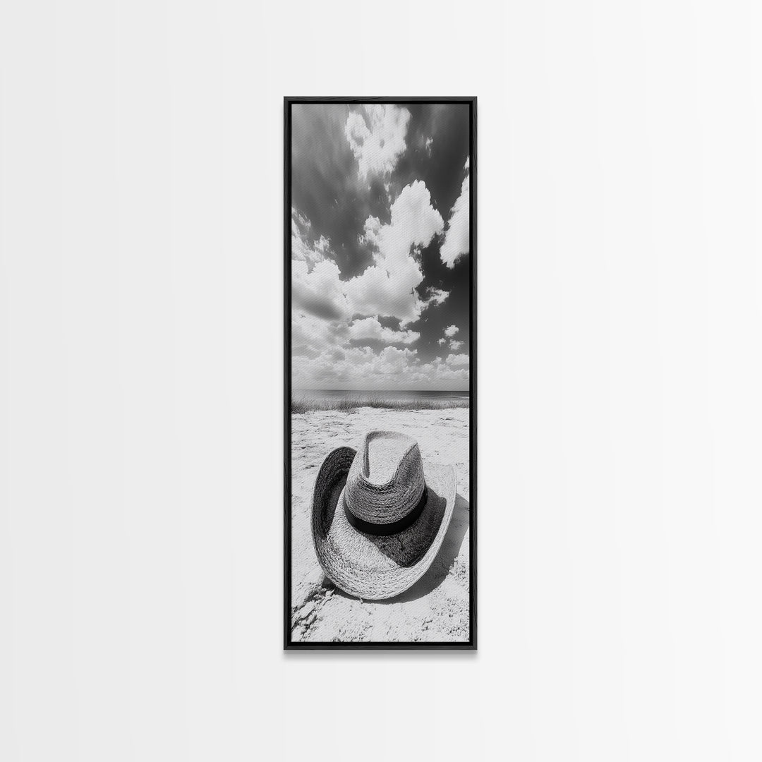 Straw Cowboy Hat, Beach Photography, Framed Canvas Print, Coastal Cowgirl, Wall Art, Rustic Décor, Minimalist Wall Art