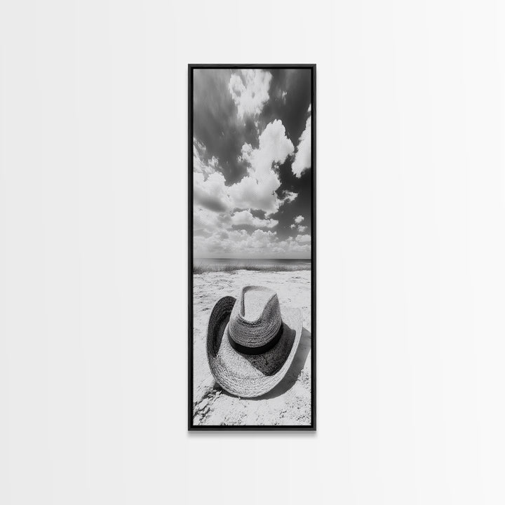 Straw Cowboy Hat, Beach Photography, Framed Canvas Print, Coastal Cowgirl, Wall Art, Rustic Décor, Minimalist Wall Art