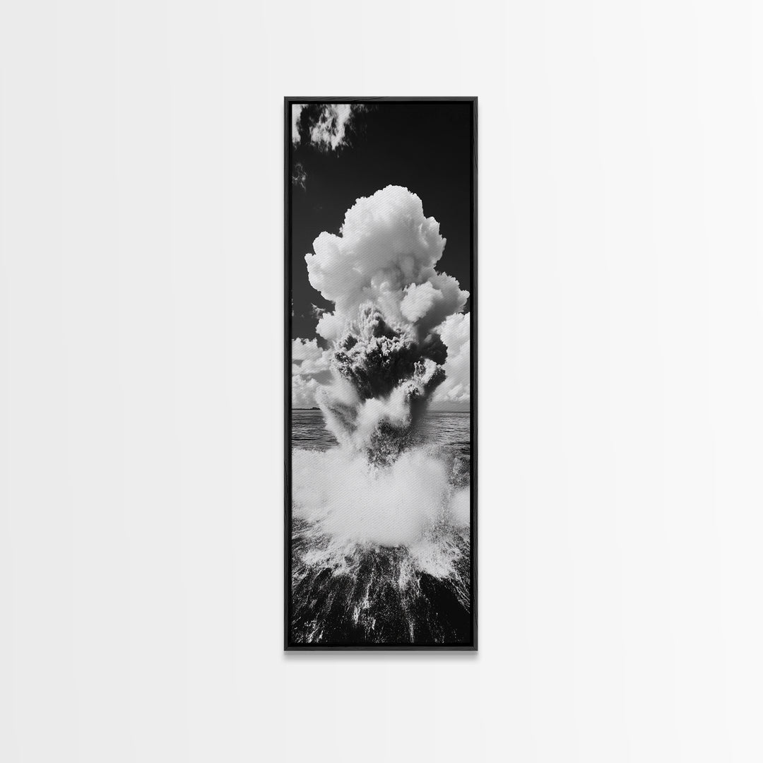 Explosive Ocean Wave, Framed Canvas Print, coastal décor, nautical painting, seascape painting, black and white photography,  panoramic art