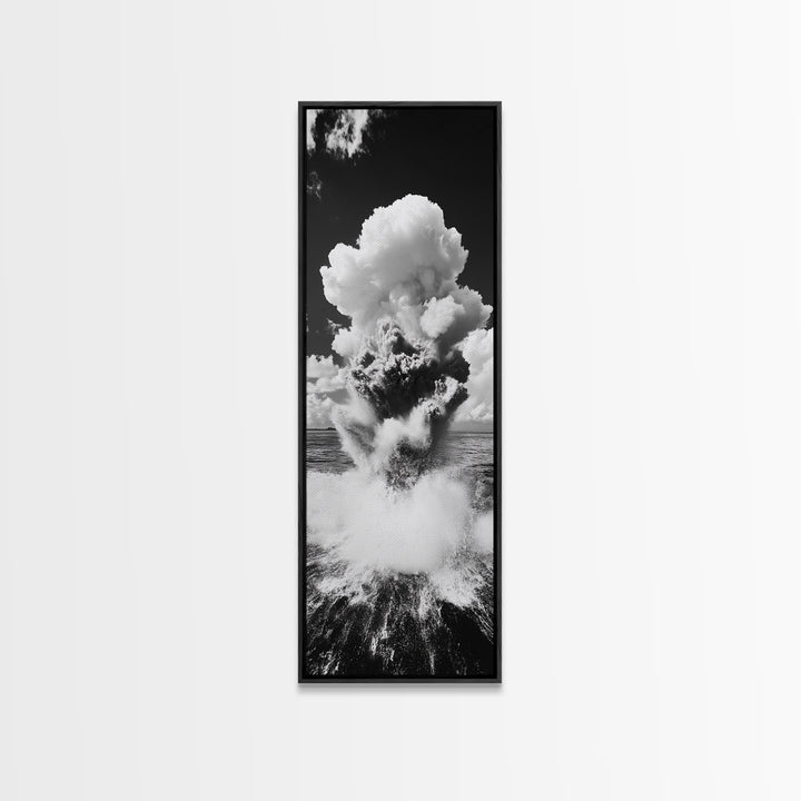 Explosive Ocean Wave, Framed Canvas Print, coastal décor, nautical painting, seascape painting, black and white photography,  panoramic art