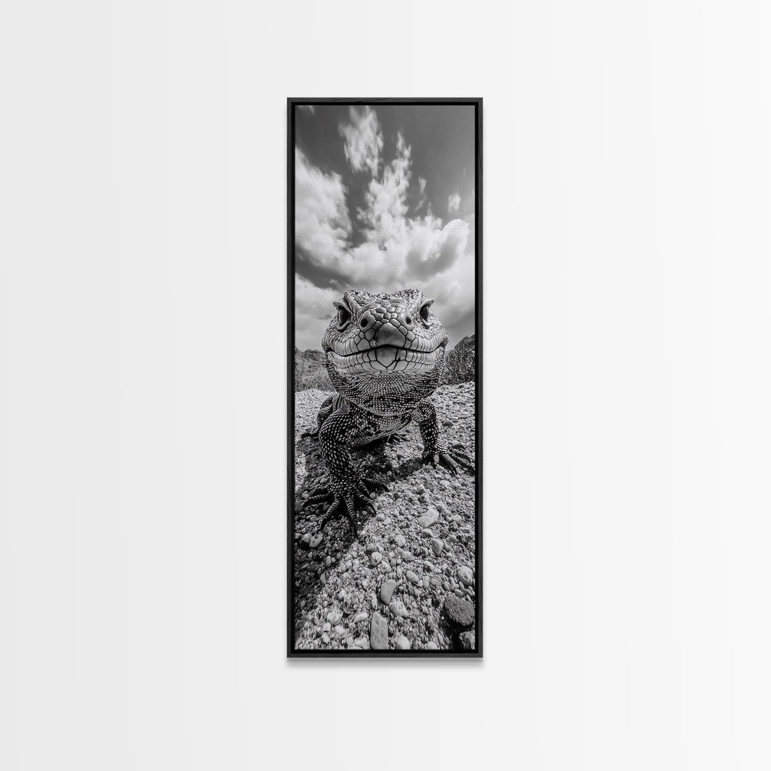 Lizard Close-Up, Framed Canvas Print, wildlife photography, rustic wall art, southwest wall art, desert animal art, black and white home decor