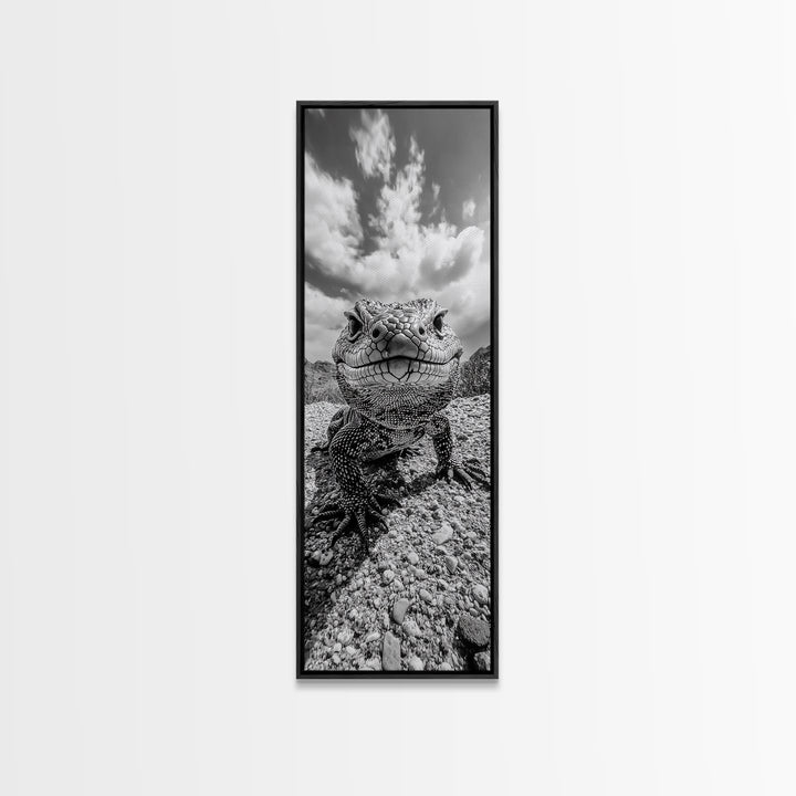Lizard Close-Up, Framed Canvas Print, wildlife photography, rustic wall art, southwest wall art, desert animal art, black and white home decor