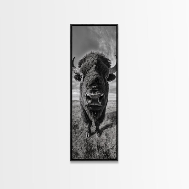 Majestic Bison Close-Up, Framed Canvas Print, rustic wall art, cowboy home décor, wildlife photography, farmhouse art, black and white photography