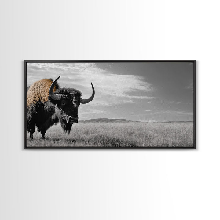 Buffalo Wall Art Canvas Print | Rustic Farmhouse Decor | Western Landscape Art | Moody Wall Art | Extra Wide Art | Nature Lover Gift