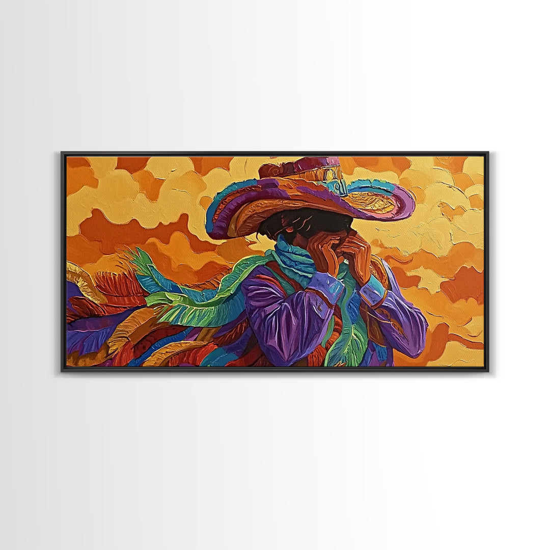 Bold Cowboy Portrait, western art, chicano art, rustic wall art, southwest wall art, moody art, colorful oil painting, canvas print