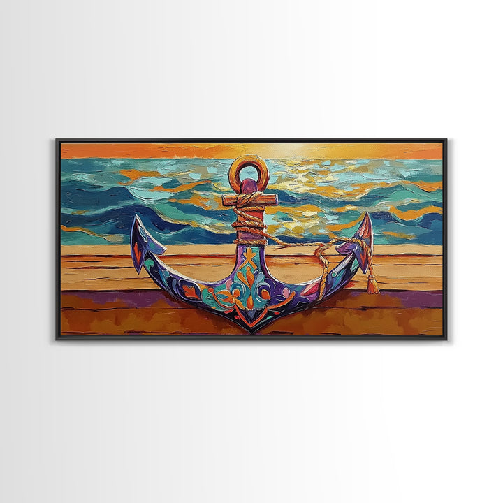Anchor at Sunset, nautical painting, coastal decor, ocean art, framed canvas print, above sofa art, beach house decor, seascape