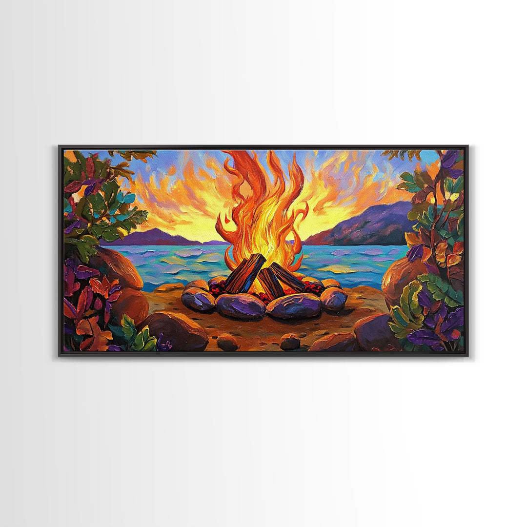 Campfire by Lake, bonfire painting, rustic wall art, mountain painting, framed canvas print, above sofa art, cozy night decor