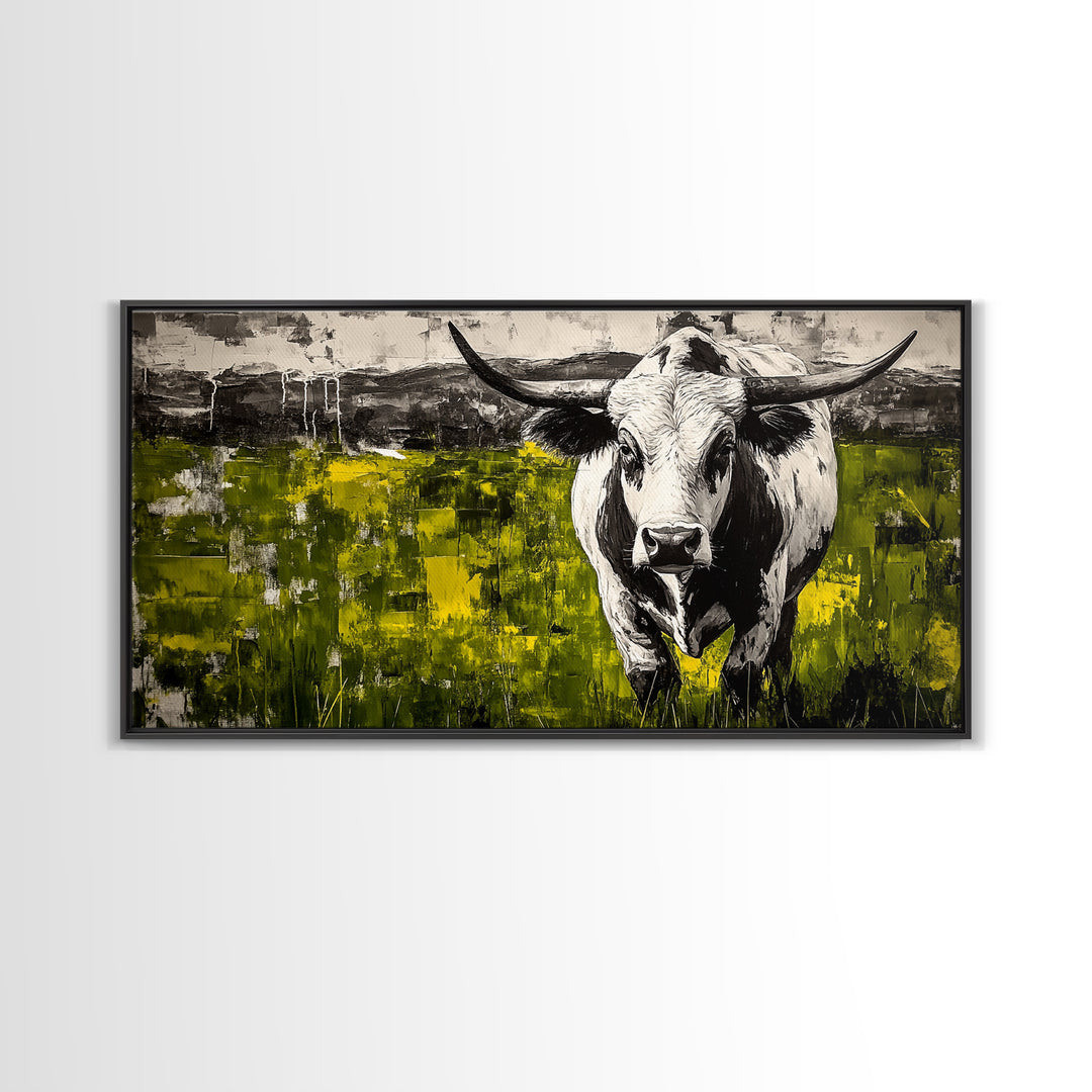 Bull Painting, rustic wall art, bull and bear art, farmhouse decor, green wall art, bold statement art, dramatic painting, Canvas Print