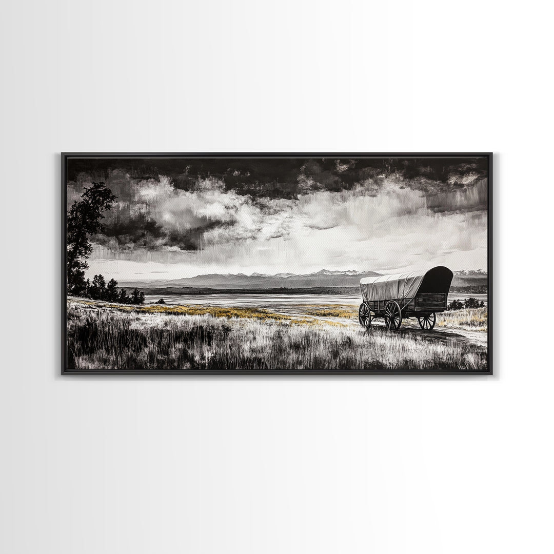Covered Wagon, barn landscape oil painting, rustic wall art, farmhouse decor, panoramic art, smoky mountain art, Framed Canvas Print, landscape
