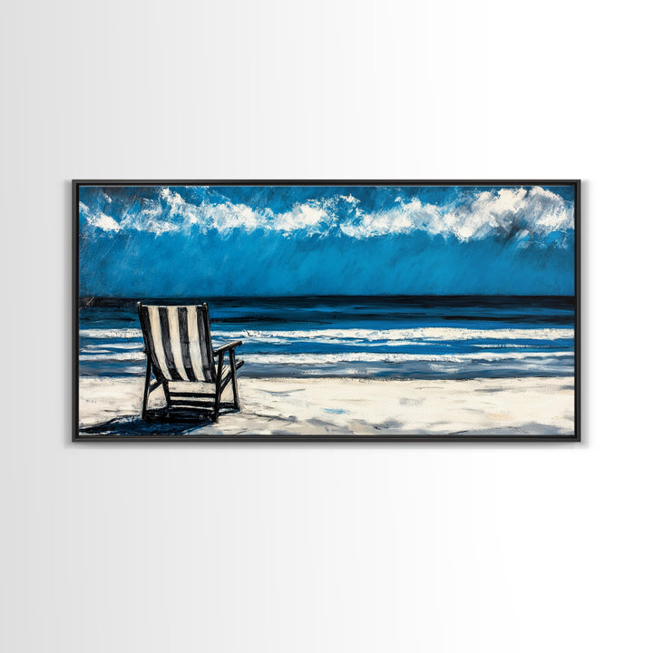 Beach Chair, coastal decor, nautical painting, seascape painting, ocean view, lake Tahoe art, blue and green wall art, Framed Canvas Print, surf