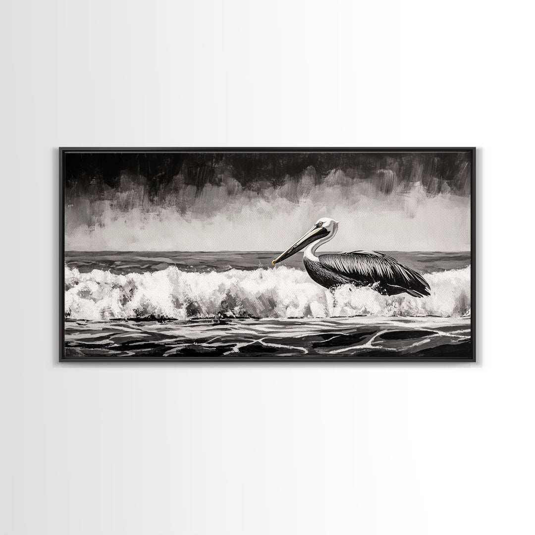 Pelican, coastal wall art, nautical painting, black and white art, seascape painting, ocean bird, Framed Canvas Print, beach decor