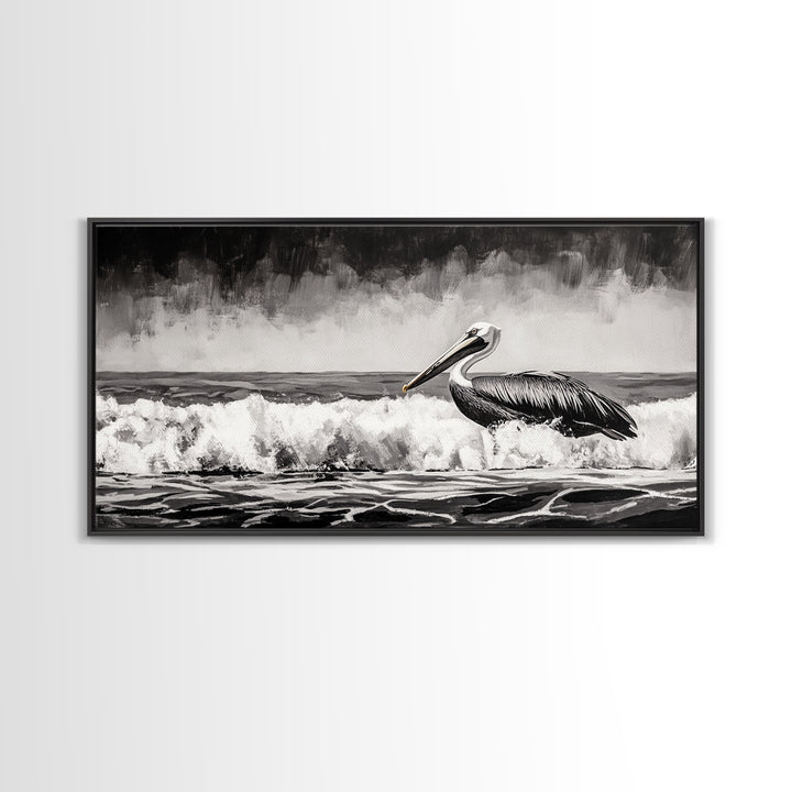 Pelican, coastal wall art, nautical painting, black and white art, seascape painting, ocean bird, Framed Canvas Print, beach decor