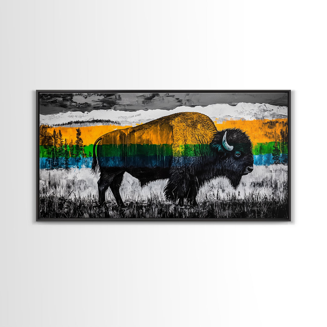 Bison, rustic wall art, mountain painting, western decor, wildlife art, Joshua tree art, extra wide art, Framed Canvas Print, moody art