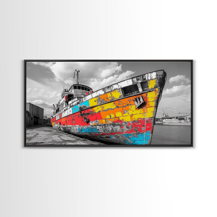 Colorful Rusted Ship Canvas Print | Nautical Wall Art | Coastal Painting | Moody Art | Extra Wide Art | Above Sofa Art | Wabi Sabi Art