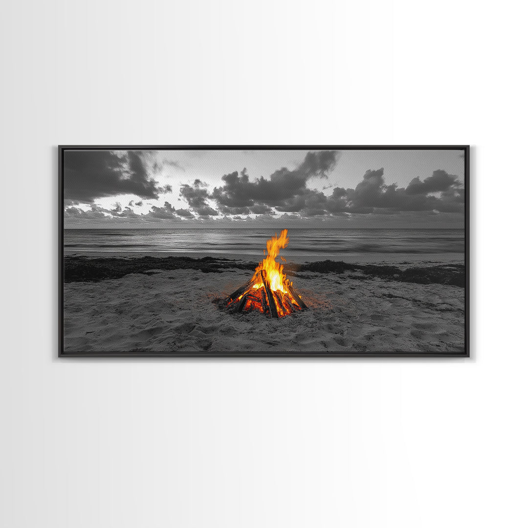 Campfire on Beach Framed Canvas Print | Seascape Painting | Coastal Wall Art | Moody Art | Rustic Decor | Extra Wide Art | Nautical Painting