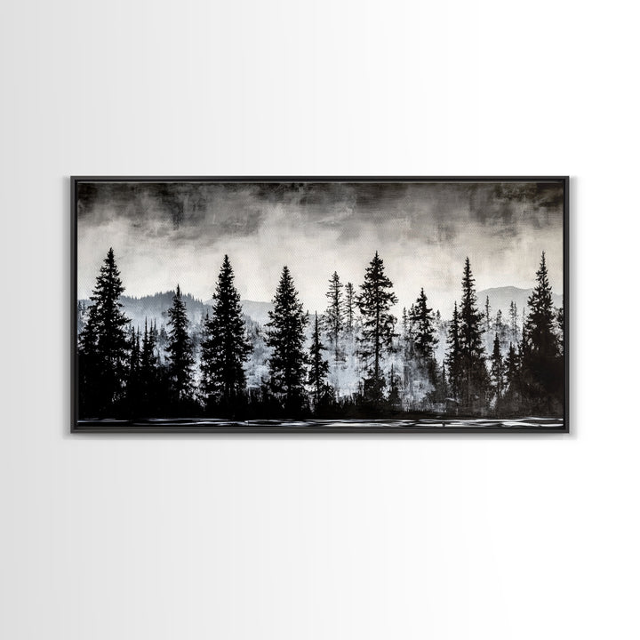Pine Tree Forest, Moody Landscape Painting, Black and White Wall Art, Nature Wall Art, Extra Wide Art, Framed Canvas Print, Rustic Decor