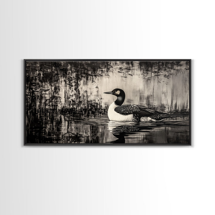 Loon Bird Art, Black and White Painting, Wildlife Wall Art, Rustic Decor, Framed Canvas Print, Lake House Art, Nature Lover Gift