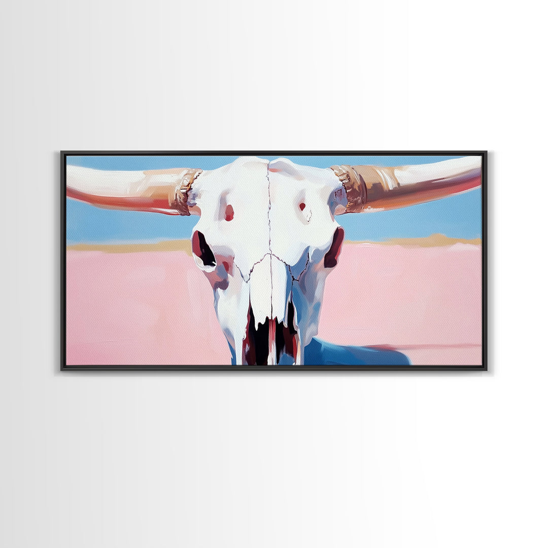 Bull Skull Painting, Southwest Wall Art, Pink and Blue Art, Rustic Western Decor, Framed Canvas Print, Extra Wide Art, Boho Art
