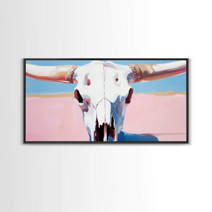 Bull Skull Painting, Southwest Wall Art, Pink and Blue Art, Rustic Western Decor, Framed Canvas Print, Extra Wide Art, Boho Art