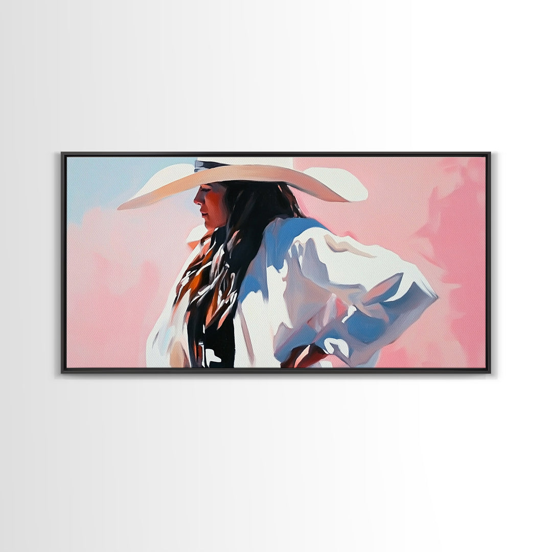 Cowgirl in White, Black Cowgirl Painting, Coastal Cowgirl Wall Art, Rustic Decor, Light Pink Wall Art, Canvas Print, Bedroom Art, Moody Art