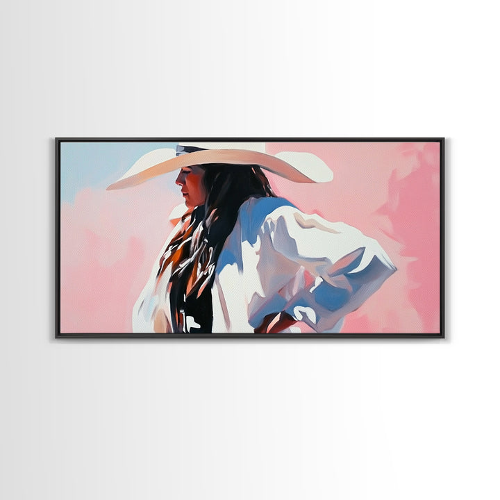 Cowgirl in White, Black Cowgirl Painting, Coastal Cowgirl Wall Art, Rustic Decor, Light Pink Wall Art, Canvas Print, Bedroom Art, Moody Art
