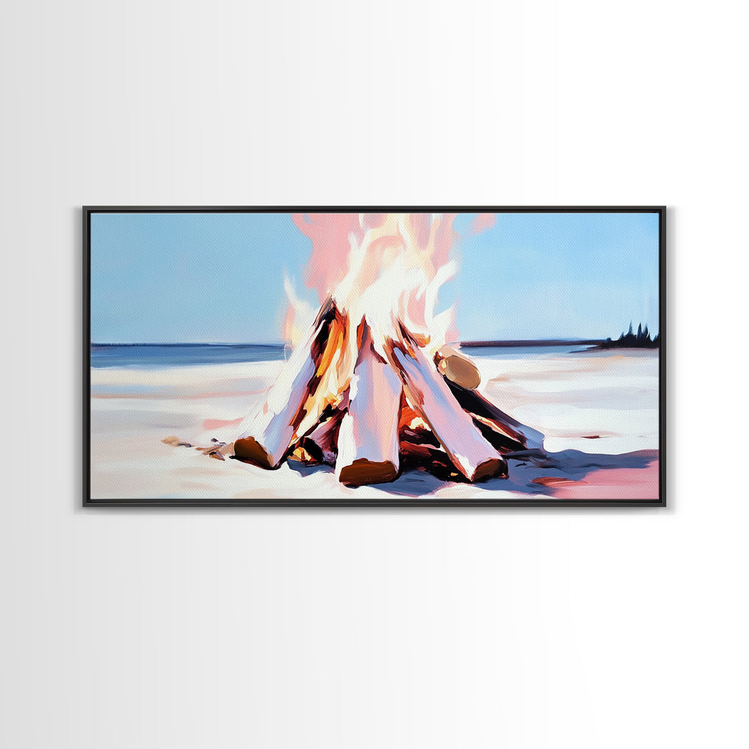 Campfire, moody art, coastal landscape art, framed canvas print, rustic decor, fire painting, extra wide art, landscape painting