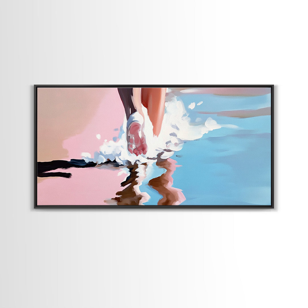 Barefoot Beach Walk, coastal decor, ocean painting, seascape painting, pink abstract art, light pink wall art, canvas print