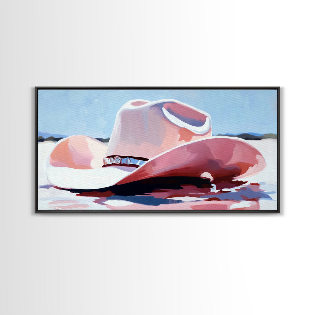 Cowboy Hat in Desert, western art, vintage cowgirl, rustic wall art, pink wall art, light pink wall art, framed canvas print
