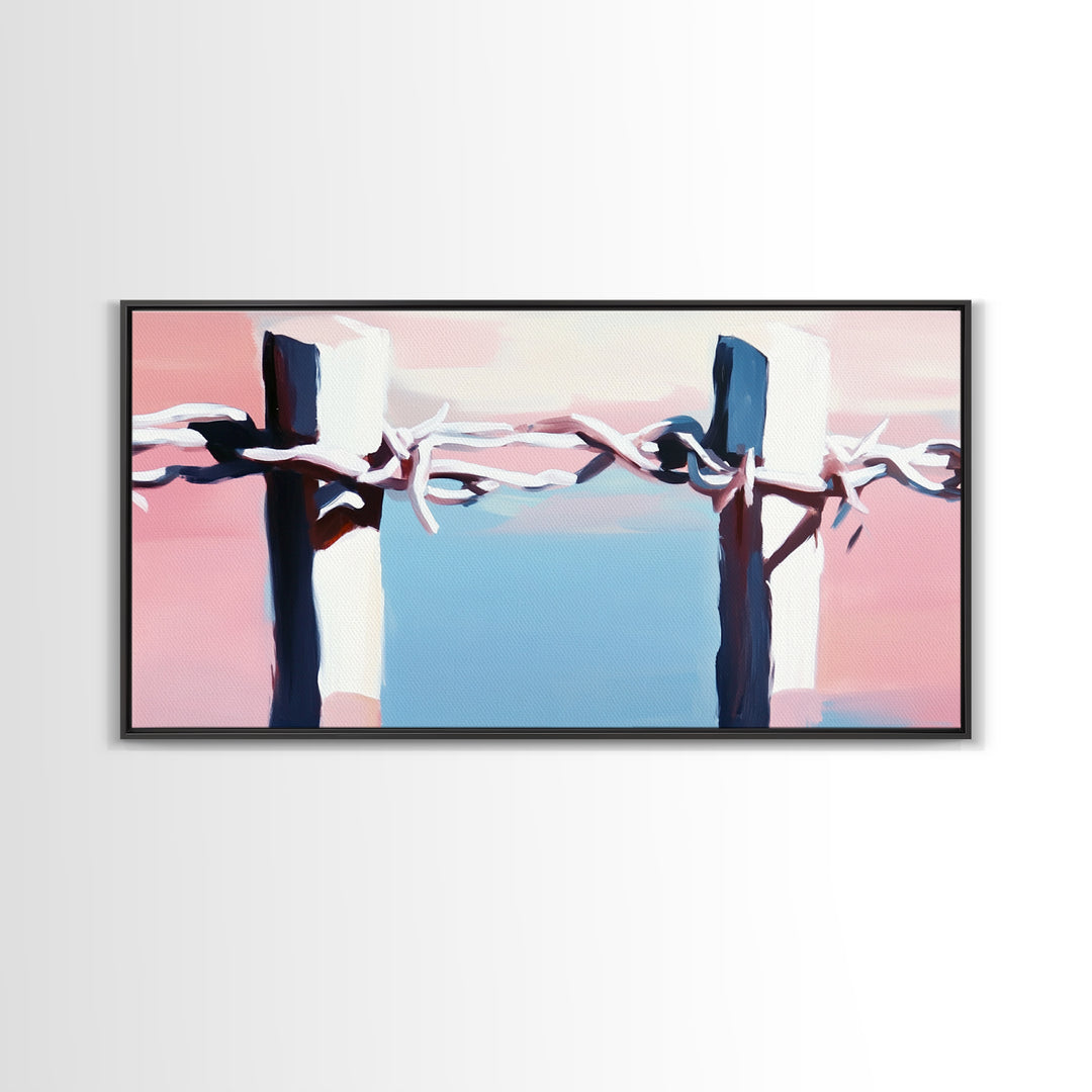 Barbed Wire Fence, rustic decor, pink abstract art, southwest wall art, minimalist art, boho art, framed canvas print