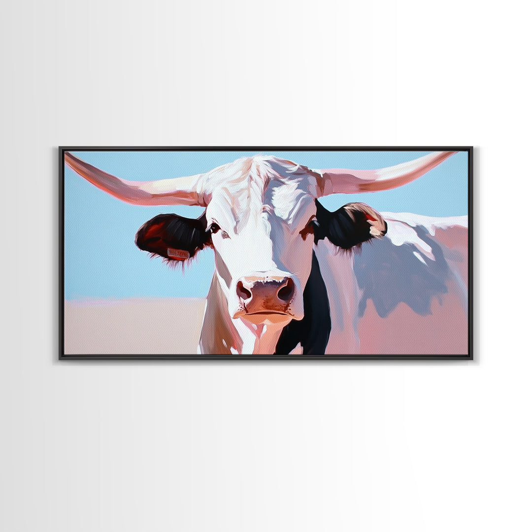 Bull And Bear Art, Rustic Wall Art, Farmhouse Art, Vintage Western Painting, Coastal Cowgirl Art, Framed Canvas Print, Above Couch Art