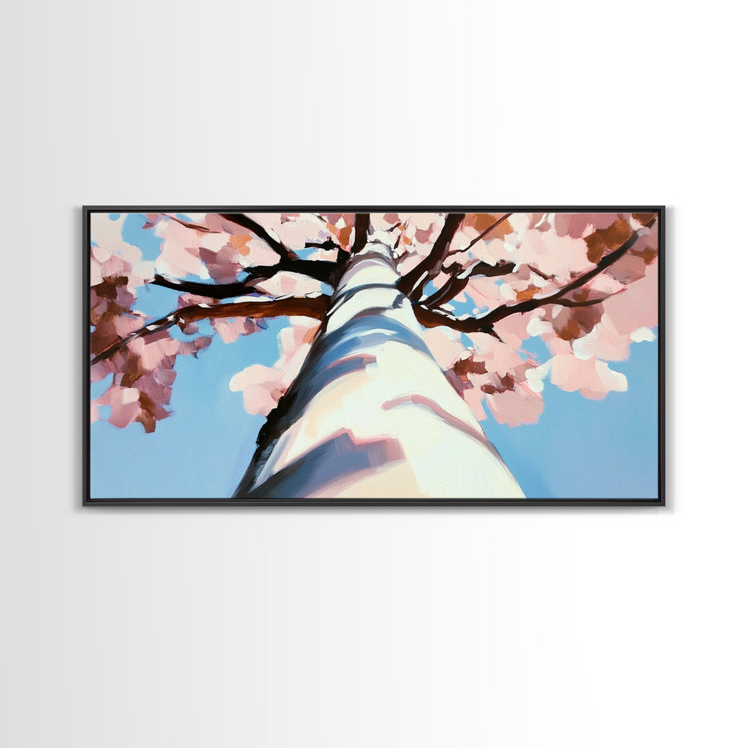 Cherry Blossom Painting, Birch Tree Art, Pink Wall Art, Botanical Prints, Extra Wide Art, Canvas Print, Above Sofa Art, Horizontal Wall Art