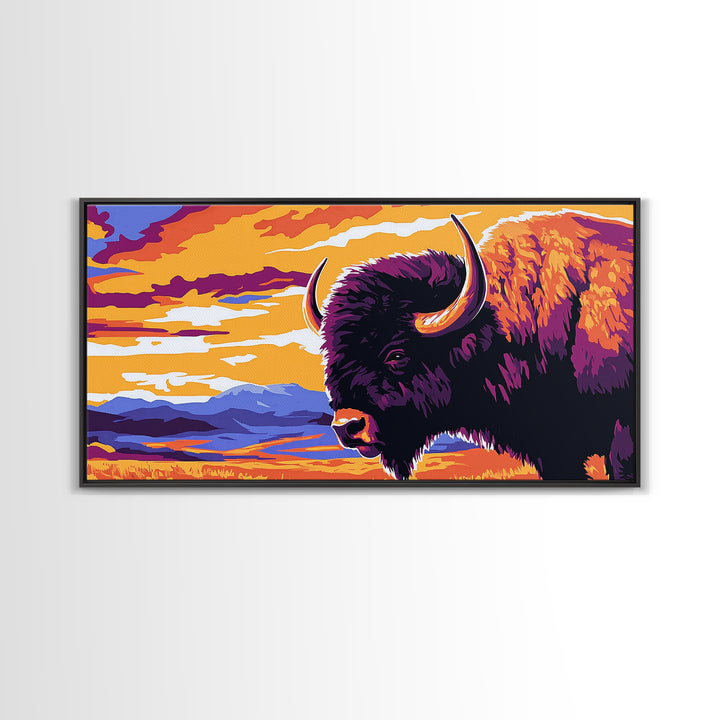Bison Plains, rustic wall art, mountain painting, southwest wall art, landscape painting, extra wide art, Framed Canvas Print, farmhouse decor