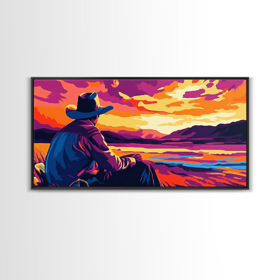 Cowboy Sunset, western art, landscape painting, rustic decor, panoramic art, farmhouse art, Framed Canvas Print, gift idea, extra wide art