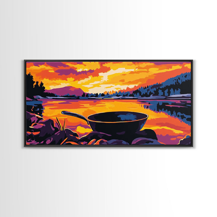Cast iron pan, outdoor cooking, cowboy camping, rustic kitchen decor, lakeside sunset, nostalgic western art, framed canvas print