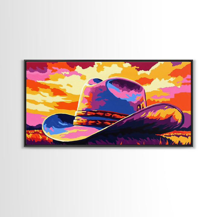 Cowboy hat, western decor, rustic style, bold colors, country aesthetic, southwest wall art, moody sunset, framed canvas print